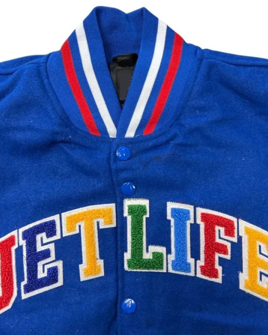 Jet Life Full-Snap Royal and White Wool/Leather Varsity Jacket Jet Life Full-Snap Royal and White Wool/Leather Varsity Jacket