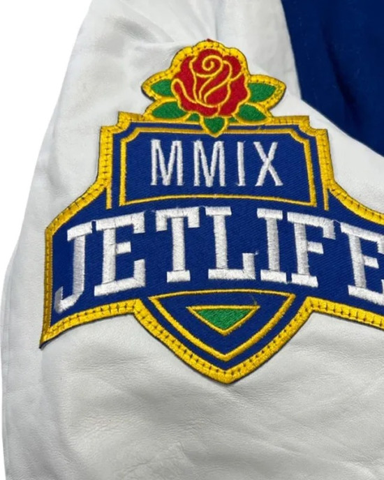 Jet Life Full-Snap Royal and White Wool/Leather Varsity Jacket Jet Life Full-Snap Royal and White Wool/Leather Varsity Jacket