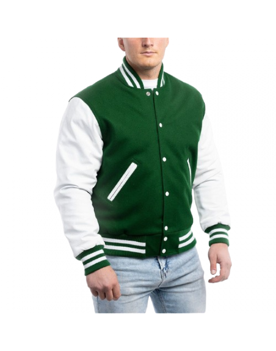 Kelly Green Wool Body & Bright White Leather Sleeves Letterman Jacket