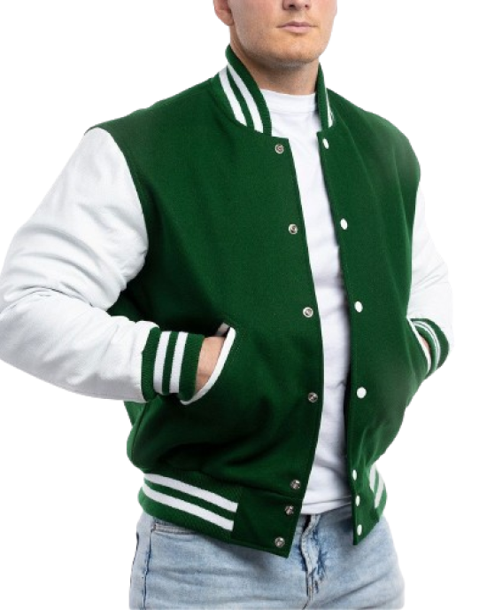 Kelly Green Wool Body & Bright White Leather Sleeves Letterman Jacket Kelly Green Wool Body & Bright White Leather Sleeves Letterman Jacket