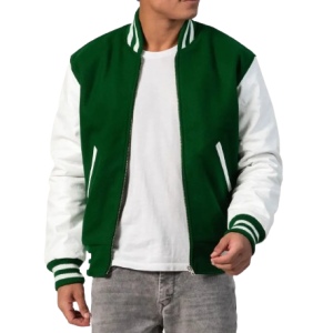 Kelly Green Wool Body & White Leather Sleeves Letterman Jacket With Zipper