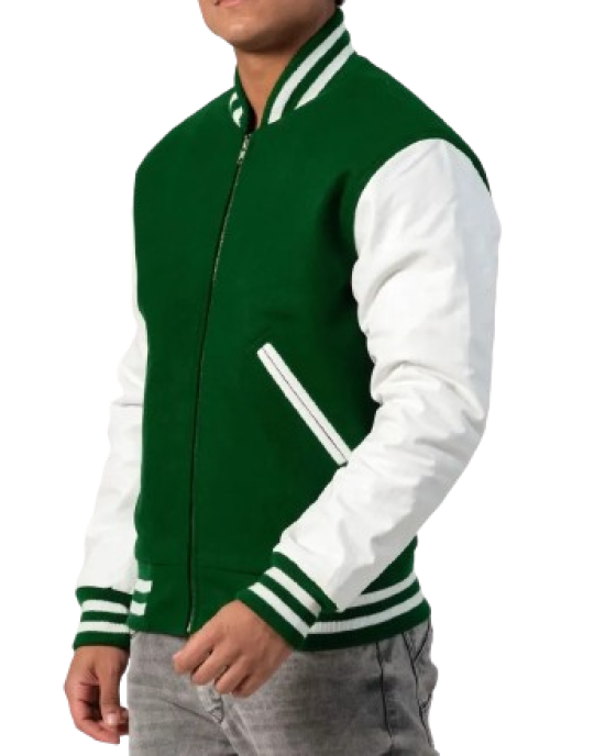 Kelly Green Wool Body & White Leather Sleeves Letterman Jacket With Zipper Kelly Green Wool Body & White Leather Sleeves Letterman Jacket With Zipper