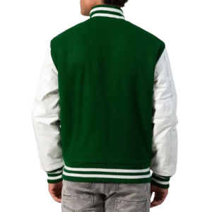 Kelly Green Wool Body & White Leather Sleeves Letterman Jacket With Zipper