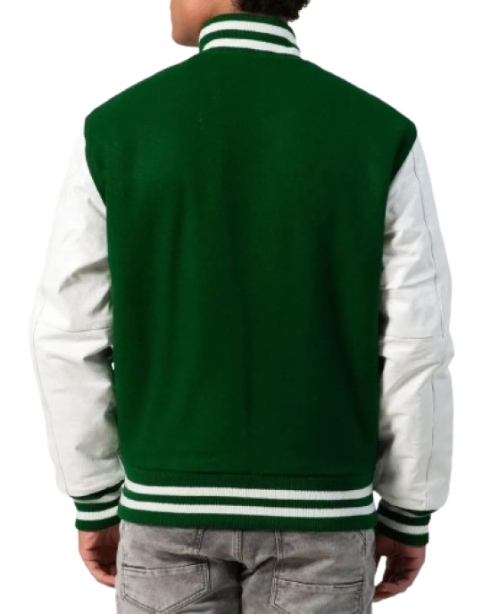 Kelly Green Wool Body & White Leather Sleeves Letterman Jacket With Zipper Kelly Green Wool Body & White Leather Sleeves Letterman Jacket With Zipper