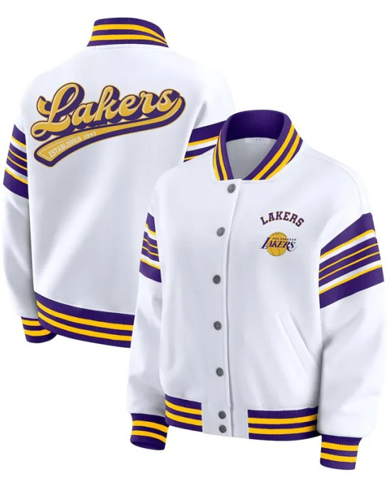 LA Lakers Snap Front White Fleece Jacket