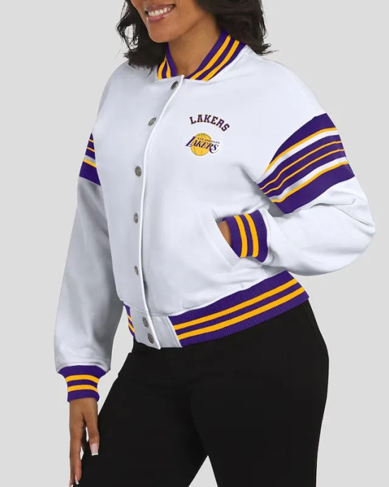 LA Lakers Snap Front White Fleece Jacket
