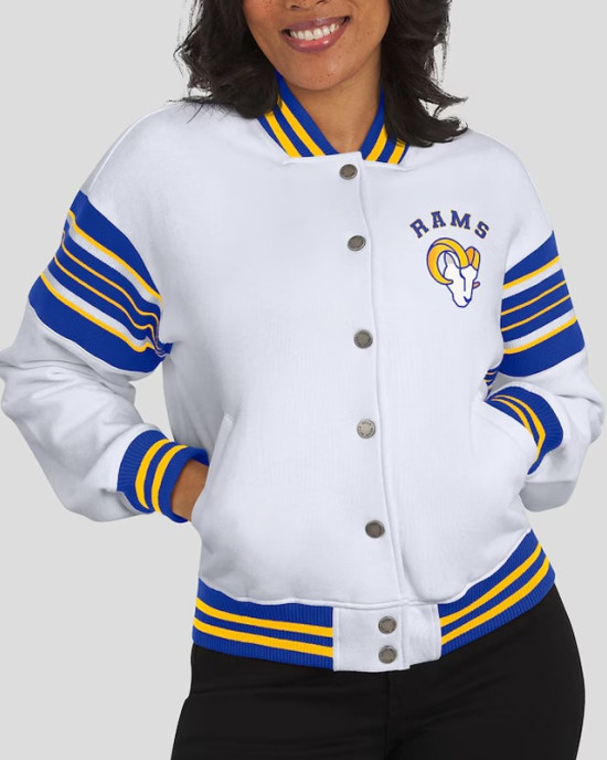 LA Rams Snap Front White Fleece Jacket