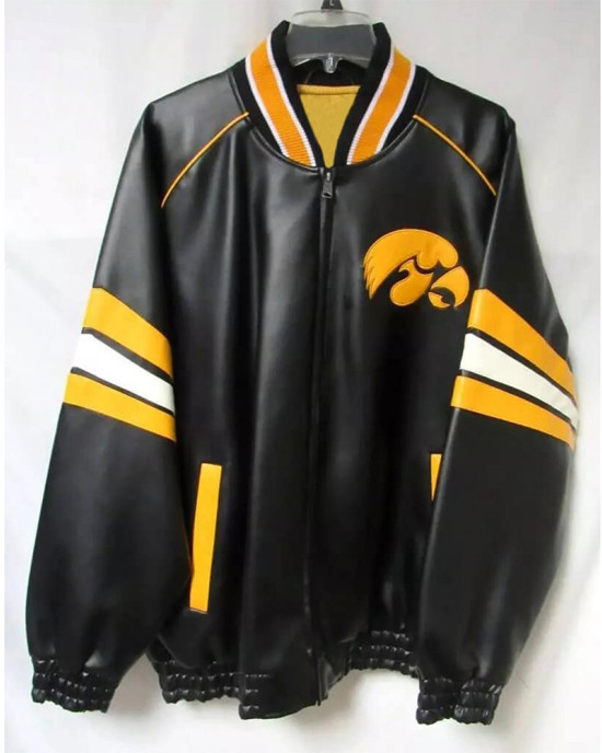 Leather Iowa Hawkeyes Striped Black Jacket Leather Iowa Hawkeyes Striped Black Jacket