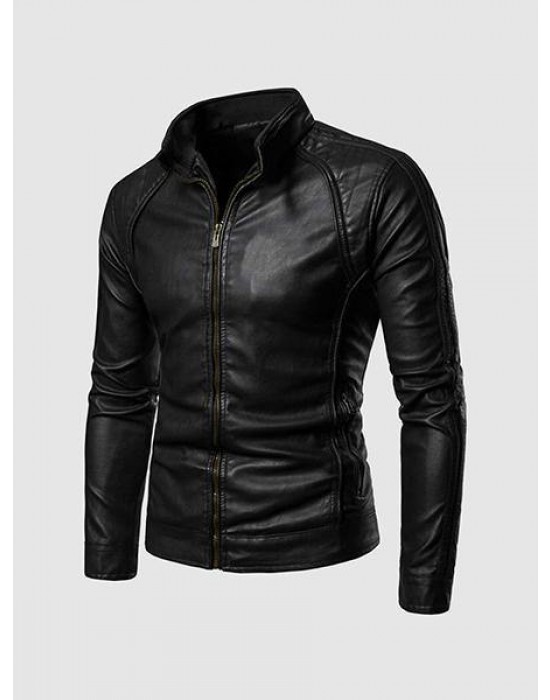 Leather Jacket with High Collar