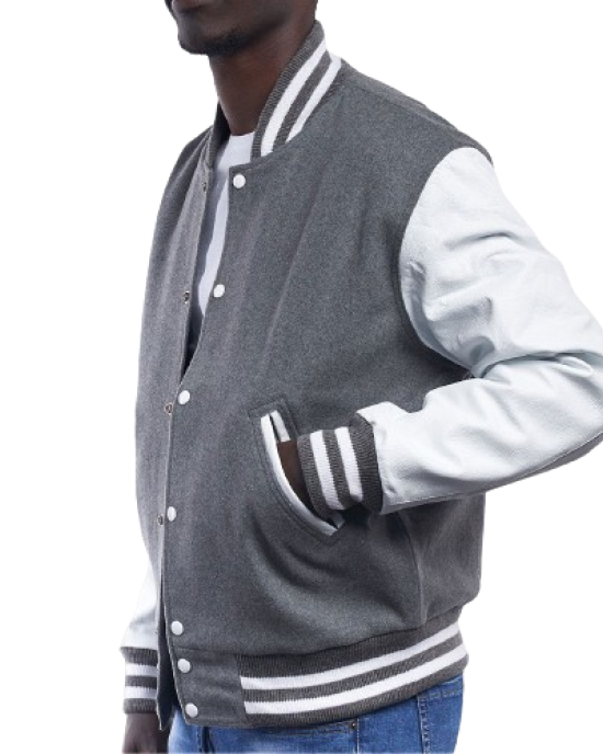 Light Oxford Wool Body & Bright White Leather Sleeves Letterman Jacket Light Oxford Wool Body & Bright White Leather Sleeves Letterman Jacket