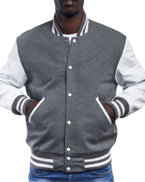 Light Oxford Wool Body & Bright White Leather Sleeves Letterman Jacket Light Oxford Wool Body & Bright White Leather Sleeves Letterman Jacket