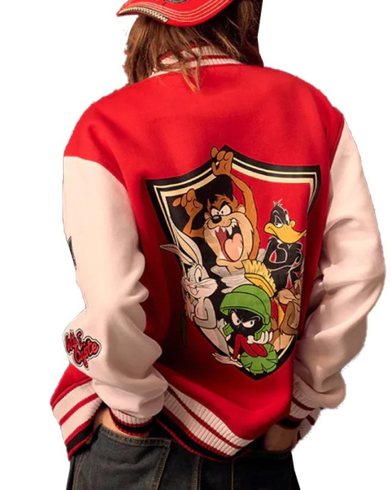 Looney Tunes Full-Snap Red and White Varsity Wool/Leather Jacket