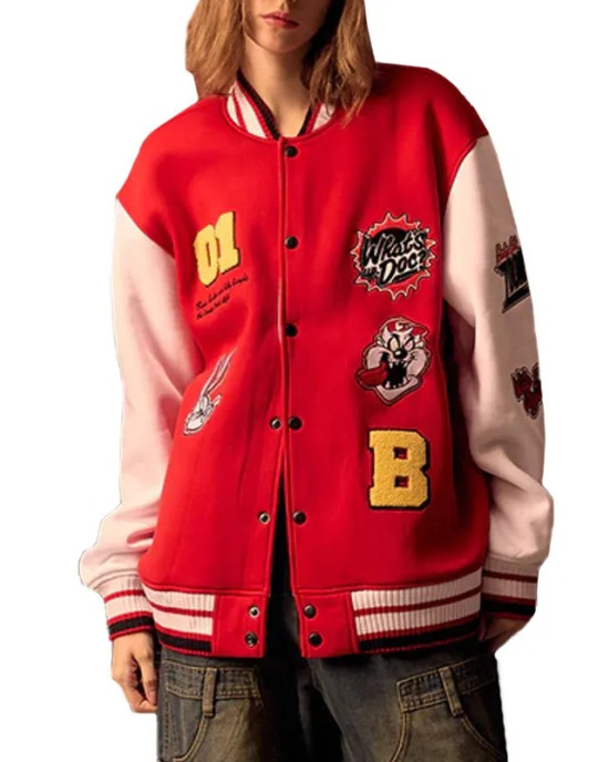 Looney Tunes Full-Snap Red and White Varsity Wool/Leather Jacket