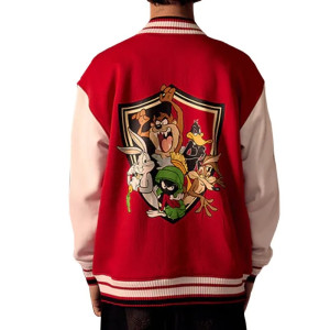 Looney Tunes Full-Snap Red and White Varsity Wool/Leather Jacket