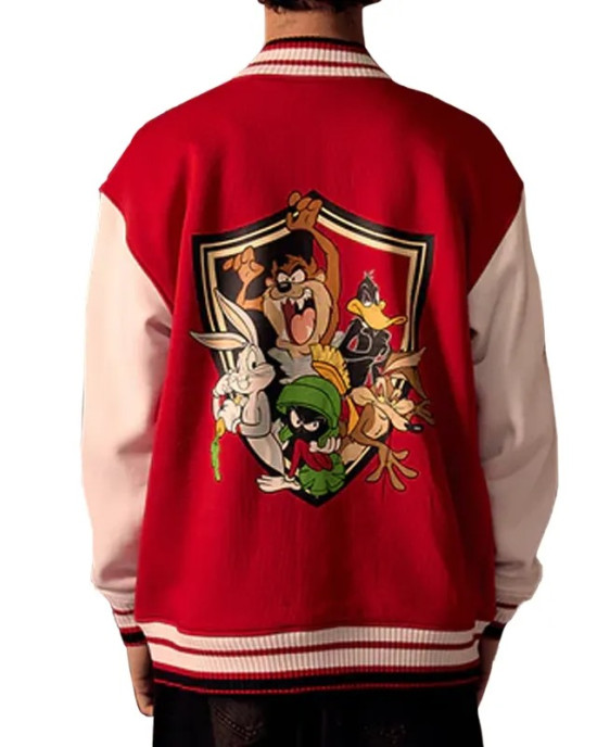 Looney Tunes Full-Snap Red and White Varsity Wool/Leather Jacket