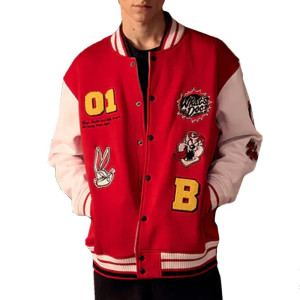 Looney Tunes Full-Snap Red and White Varsity Wool/Leather Jacket