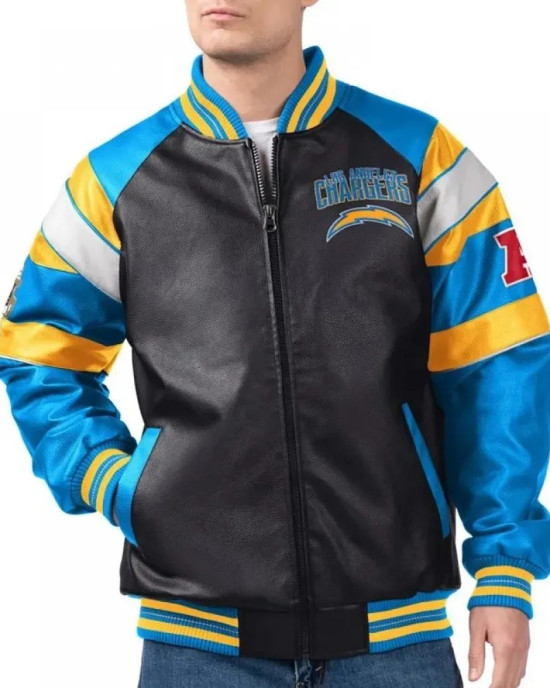 Los Angeles Chargers G-III Faux Varsity Leather Jacket Los Angeles Chargers G-III Faux Varsity Leather Jacket