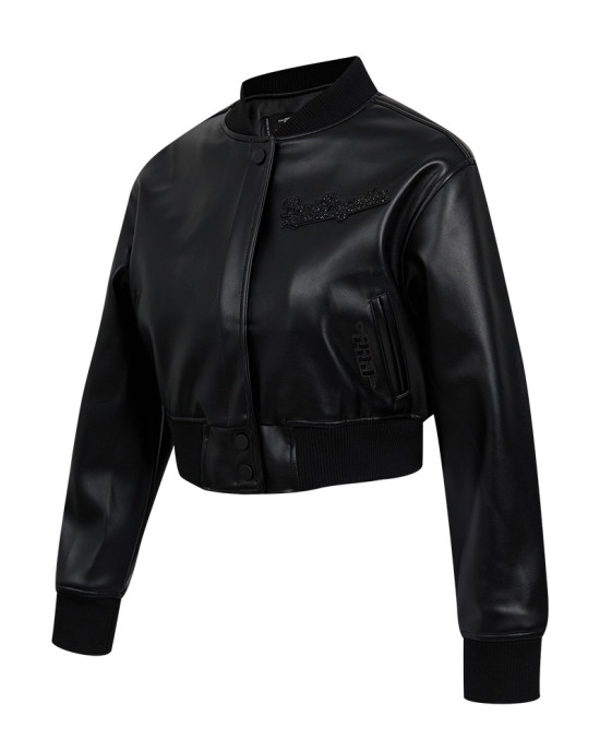 Los Angeles Dodgers Washed Crystalline Women's Cropped Leather Varsity Jacket