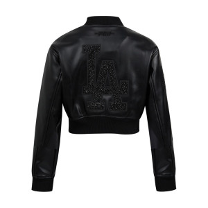 Los Angeles Dodgers Washed Crystalline Women's Cropped Leather Varsity Jacket