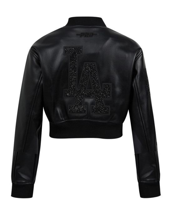 Los Angeles Dodgers Washed Crystalline Women's Cropped Leather Varsity Jacket