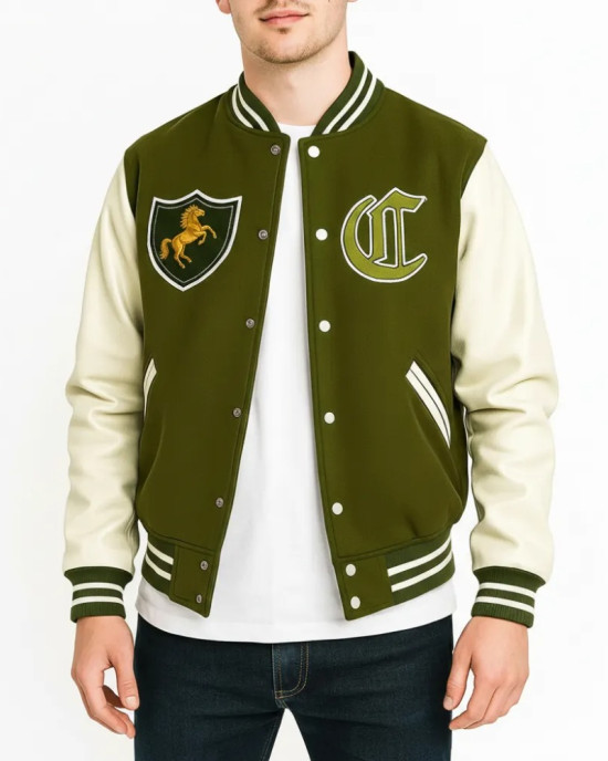 LS Pounders GTA 5 Olive Green and White Varsity Jacket