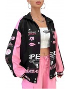 MakeMeChic Women's Color Block Letter Print Jacket - Oversized Button-Down Streetwear Coat
