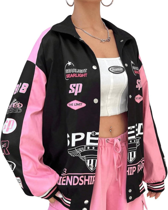 MakeMeChic Women's Color Block Letter Print Jacket - Oversized Button-Down Streetwear Coat MakeMeChic Women's Color Block Letter Print Jacket - Oversized Button-Down Streetwear Coat
