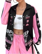 MakeMeChic Women's Color Block Letter Print Jacket - Oversized Button-Down Streetwear Coat