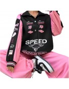 MakeMeChic Women's Color Block Letter Print Jacket - Oversized Button-Down Streetwear Coat
