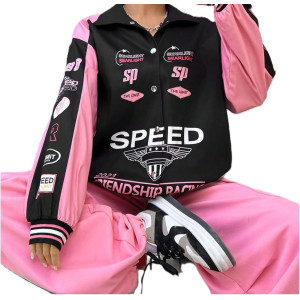 MakeMeChic Women's Color Block Letter Print Jacket - Oversized Button-Down Streetwear Coat
