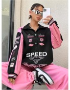 MakeMeChic Women's Color Block Letter Print Jacket - Oversized Button-Down Streetwear Coat