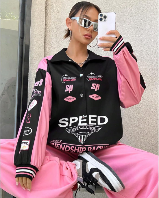 MakeMeChic Women's Color Block Letter Print Jacket - Oversized Button-Down Streetwear Coat MakeMeChic Women's Color Block Letter Print Jacket - Oversized Button-Down Streetwear Coat