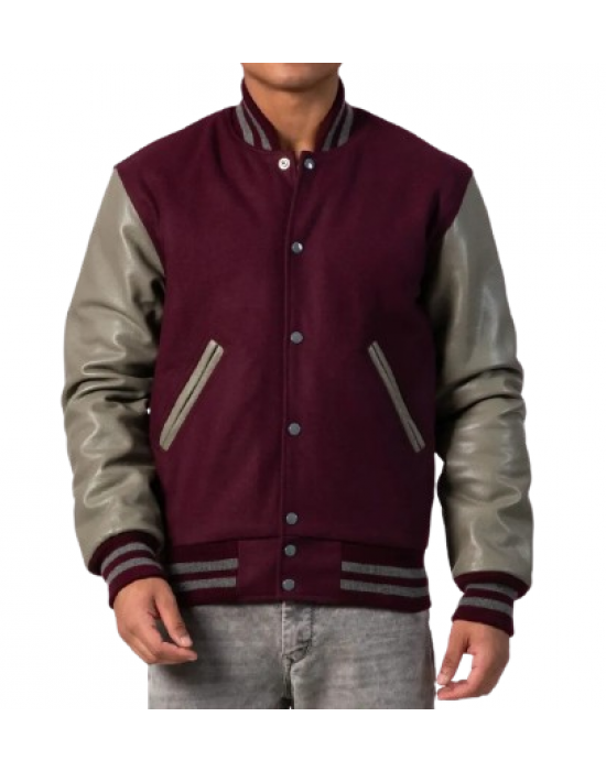 Maroon Body & Grey Leather Sleeves Letterman Jacket