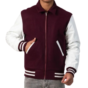 Maroon Body & White Sleeves Letterman Jacket With Byron Collar & Zipper