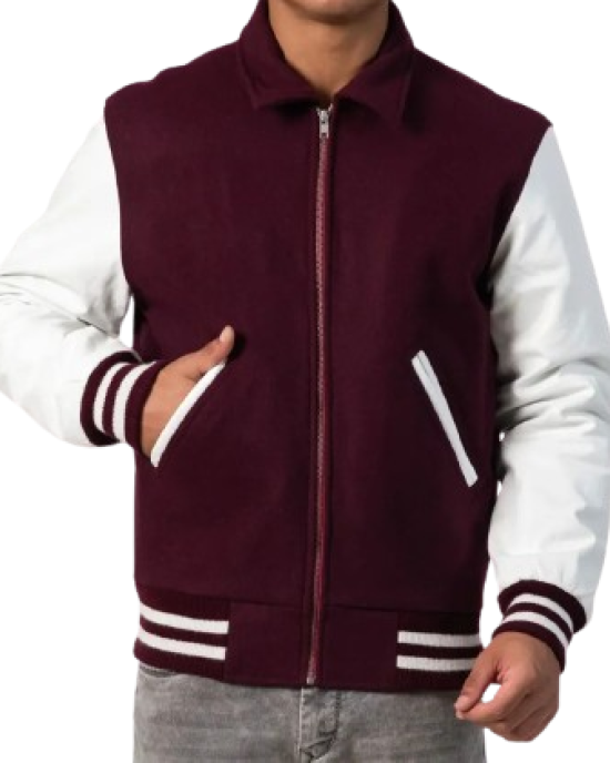 Maroon Body & White Sleeves Letterman Jacket With Byron Collar & Zipper Maroon Body & White Sleeves Letterman Jacket With Byron Collar & Zipper