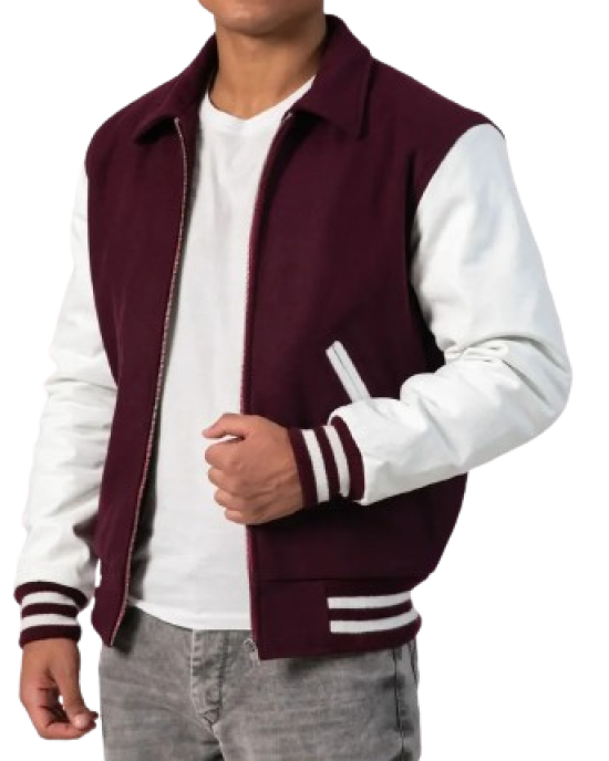 Maroon Body & White Sleeves Letterman Jacket With Byron Collar & Zipper Maroon Body & White Sleeves Letterman Jacket With Byron Collar & Zipper