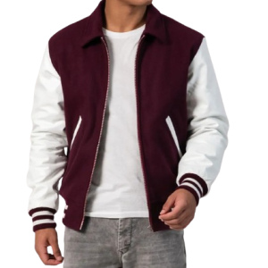 Maroon Body & White Sleeves Letterman Jacket With Byron Collar & Zipper