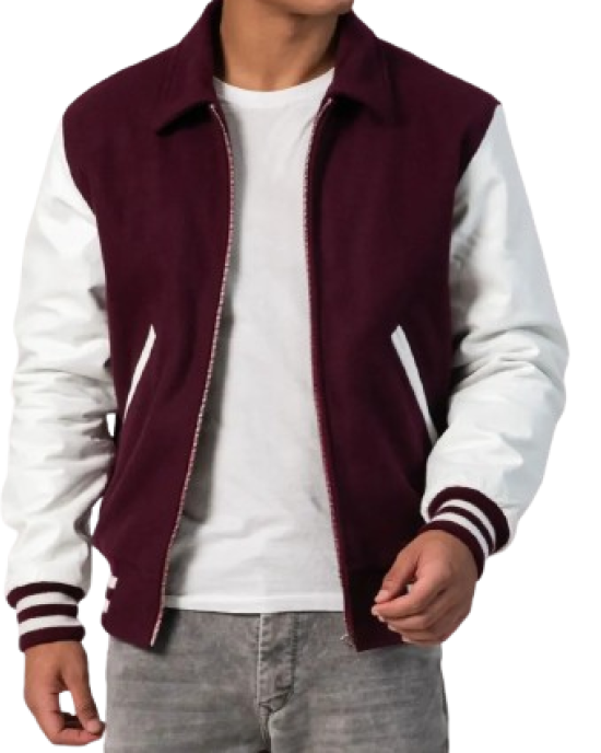 Maroon Body & White Sleeves Letterman Jacket With Byron Collar & Zipper Maroon Body & White Sleeves Letterman Jacket With Byron Collar & Zipper