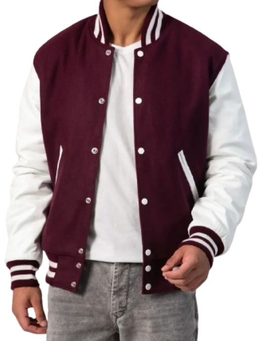 Maroon Wool Body & Bright White Leather Sleeves Letterman Jacket Maroon Wool Body & Bright White Leather Sleeves Letterman Jacket