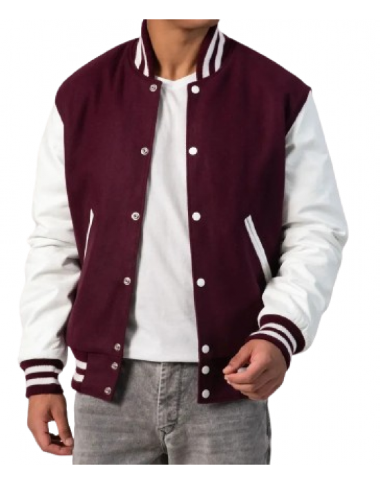 Maroon Wool Body & Bright White Leather Sleeves Letterman Jacket