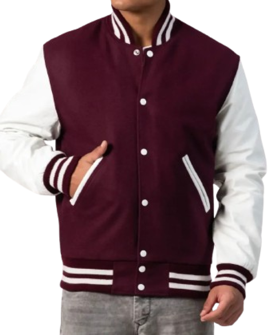 Maroon Wool Body & Bright White Leather Sleeves Letterman Jacket Maroon Wool Body & Bright White Leather Sleeves Letterman Jacket