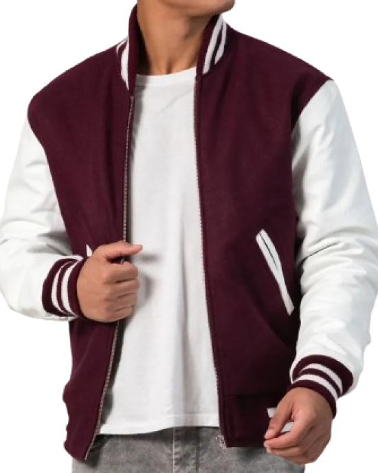 Maroon Wool Body & White Leather Sleeves Letterman Jacket With Zipper Maroon Wool Body & White Leather Sleeves Letterman Jacket With Zipper