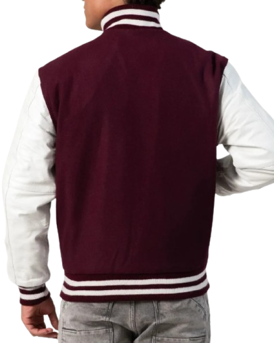 Maroon Wool Body & White Leather Sleeves Letterman Jacket With Zipper Maroon Wool Body & White Leather Sleeves Letterman Jacket With Zipper