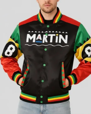 Martin 8-Ball Satin Varsity Jacket – Vintage Color-Block Bomber with Ribbed Trim
