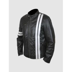Men's Black Leather Jacket with White Stripes