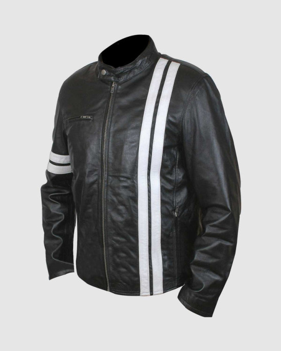 Men's Black Leather Jacket with White Stripes Men's Black Leather Jacket with White Stripes