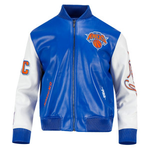 Men's New York Knicks "City Signature" Royal Blue & White Leather Varsity Jacket