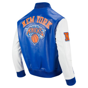 Men's New York Knicks "City Signature" Royal Blue & White Leather Varsity Jacket