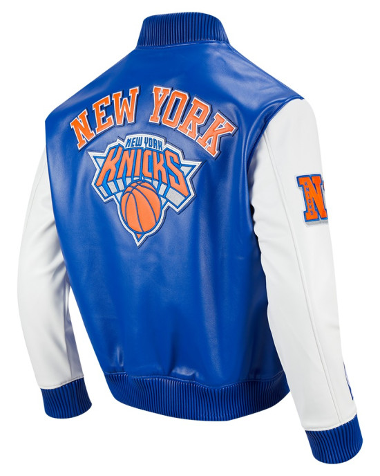 Men's New York Knicks "City Signature" Royal Blue & White Leather Varsity Jacket