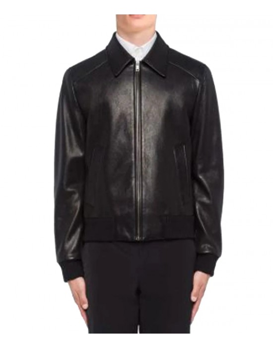 Men’s Black Elasticated Bomber Leather Jacket